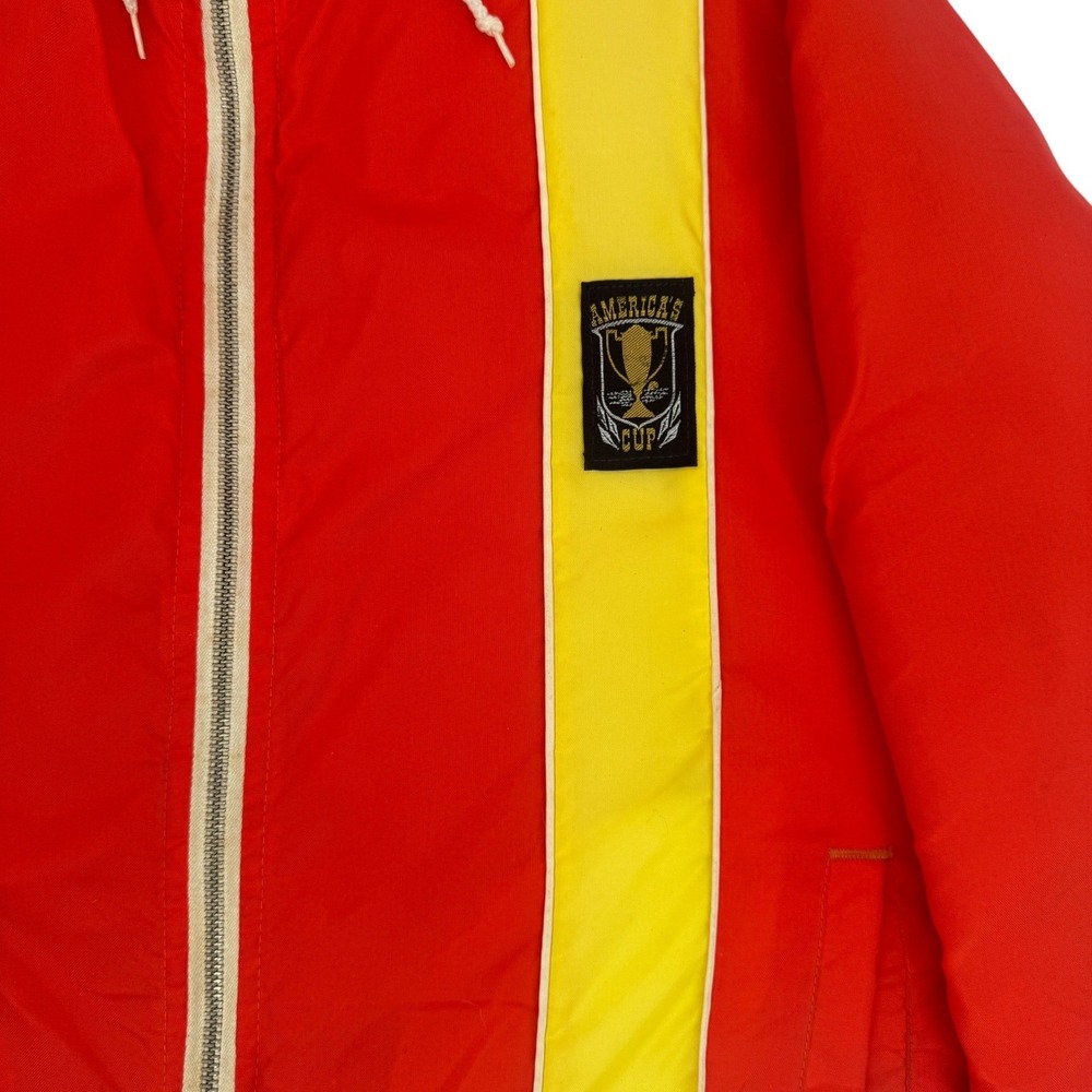 Vintage Americas Cup Sailing Jacket Red Yellow Stripe Hooded Parka Mens XL - Picture 2 of 11